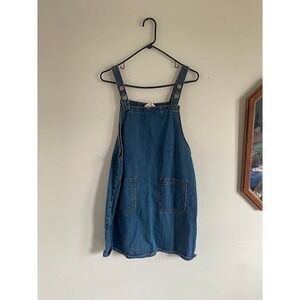 The Native One Blue Denim Overall Pinafore Mini Dress Medium Patch Pockets